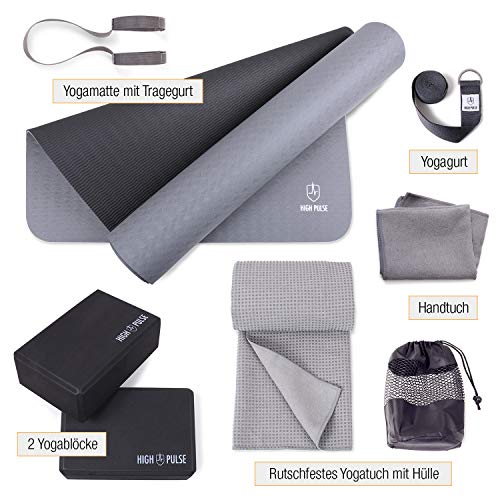 High Pulse Set de yoga (6 piezas) Con esterilla de yoga, 2 bloques de yoga, correa de yoga, toalla de yoga con puntos antideslizantes y toalla extra. Accesorios de yoga para todos los niveles