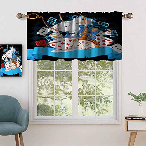 Hiiiman Cenefas de cortina con bolsillo para barra, cortinas con diseño de conejo, tazas de movimiento de corazones y flores, diseño de Alicia, juego de 2, 137 x 91 cm para ventana de cocina