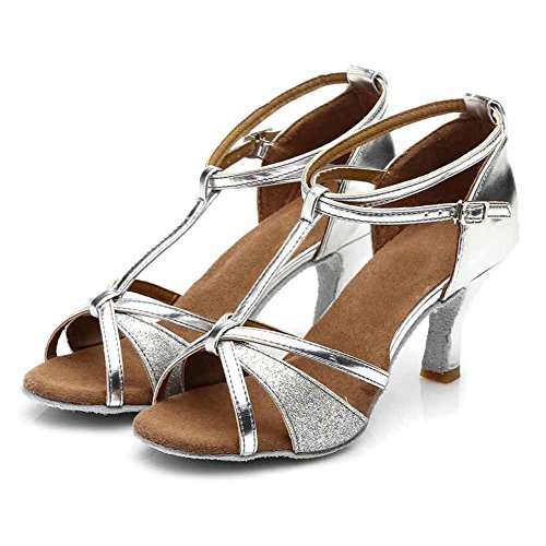 HIPPOSEUS Zapatos de Baile Latino para Mujeres Salsa Performance Dancing Shoes con Glitter Leather Modelo 255,Plateado Color,EU 39