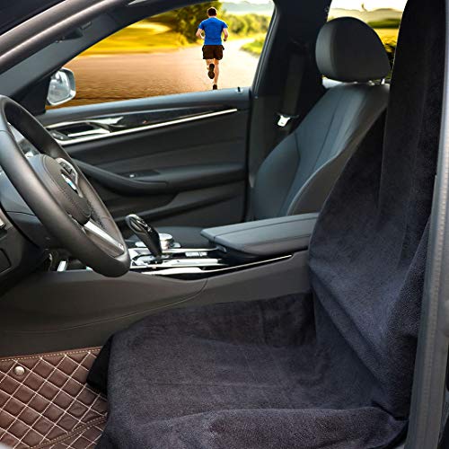 Hiveseen Funda de Asiento Coche Delanteros Universal, Toalla Microfibra 100% Impermeable, Antideslizante y Sudor Absorbente Súper, Lavable a máquina, Protectora Cubierta Silla Auto para Fitness(Negro)