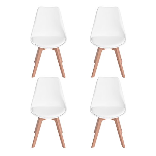 H.J WeDoo Pack de 4 Silla de Comedor Silla escandinava, Pata Madera de Haya y Asiento Acolchado, Estilo nórdico - Blanco