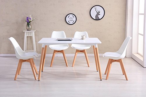 H.J WeDoo Pack de 4 Silla de Comedor Silla escandinava, Pata Madera de Haya y Asiento Acolchado, Estilo nórdico - Blanco