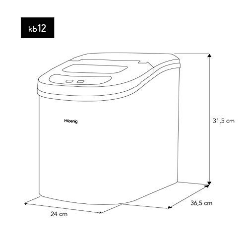 H.Koenig KB12 Máquina silenciosa para Hacer Hielo, 100 W, Capacidad 12 kg, Entre 6 y 13 Minutos, 2 Tamaños de Cubitos, Negro, Plástico, 90 W, Acero Inoxidable