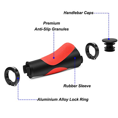 HNOOM Puños MTB Ergonomicos, Puños para Bicicleta Doble Bloqueo, Antideslizante Caucho Puños Manillar Bicicleta, para Bici de Montaña MTB BMX con Mango de Diámetro 22mm (Negro Rojo)