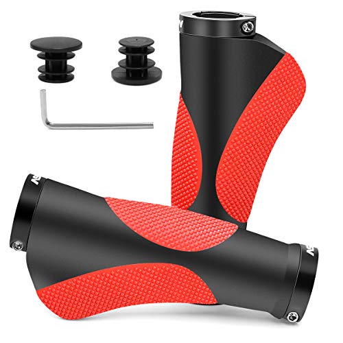 HNOOM Puños MTB Ergonomicos, Puños para Bicicleta Doble Bloqueo, Antideslizante Caucho Puños Manillar Bicicleta, para Bici de Montaña MTB BMX con Mango de Diámetro 22mm (Negro Rojo)