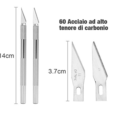 Hobby Knife Juego de cuchillos artesanales de precisión de acero inoxidable para bricolaje Trabajo de arte - 2 asas y 60 hojas de repuesto con estuche (2+20-2)