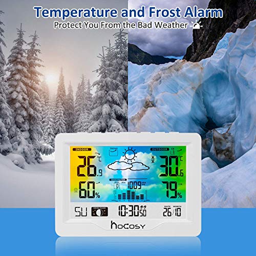 HOCOSY Estación Meteorológica Interior y Exterior con Sensor Inalámbrico al Aire Libre, Termómetro Ambiental con Temperatura,Humedad,Tiempo,Hora Local,2 Despertador y 2 Canales