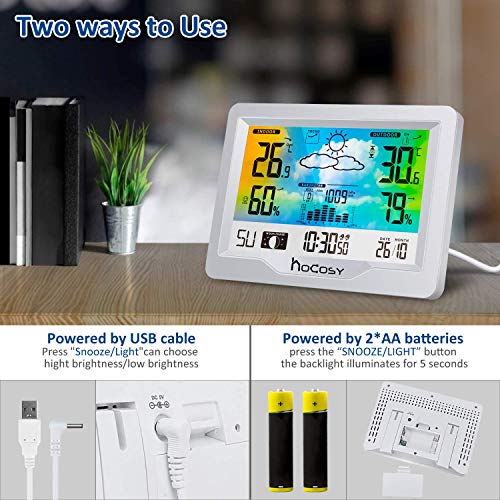 HOCOSY Estación Meteorológica Interior y Exterior con Sensor Inalámbrico al Aire Libre, Termómetro Ambiental con Temperatura,Humedad,Tiempo,Hora Local,2 Despertador y 2 Canales