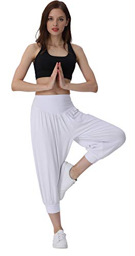 Hoerev - Pantalones capri para mujer, muy suaves, modales, elastano, para yoga, pilates, capri - Blanco - XXL Hoerev - Pantalones capri para mujer, muy suaves, modales, elastano, para yoga, pilates, capri - Blanco - XXL