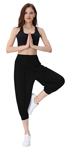 Hoerev - Pantalones capri para mujer, muy suaves, modales, elastano, para yoga, pilates, capri - Negro - XXL