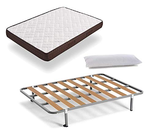 HOGAR24 ES Cama Completa - Colchón Viscobrown Reversible + Somier Basic + 4 Patas + Almohada Fibra, 90x190 HOGAR24 ES Cama Completa - Colchón Viscobrown Reversible + Somier Basic + 4 Patas + Almohada Fibra, 90x190