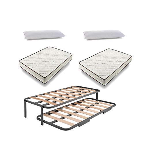 HOGAR24 ES.es-Cama Nido Estructura Reforzada Doble Barra Superior (4 Patas) + 2 Flexitex + 2 Almohadas de Fibra, 80x180cm