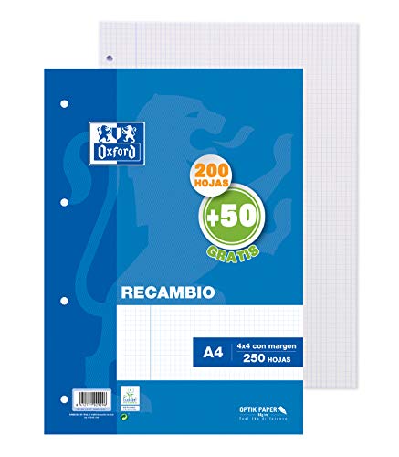 Hojas cuadriculadas A4 Recambio Oxford. 200+50 hojas. Cuadrícula 4x4.