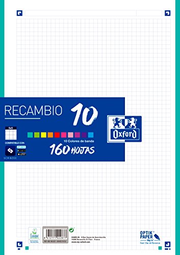 Hojas cuadriculadas A4 Recambio Oxford, School, 10 Banda colores, 160 Hojas, Cuadrícula 5x5, Multicolor