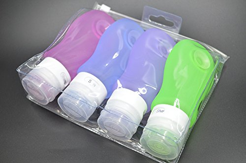 HoJoor Botellas de Viaje de Silicona, FDA Certified 100% BPA Gratis Recipientes rellenables portátiles a Prueba de Fugas para champú, Acondicionador,Loción, artículos de tocador(4 Unidades) -89ml