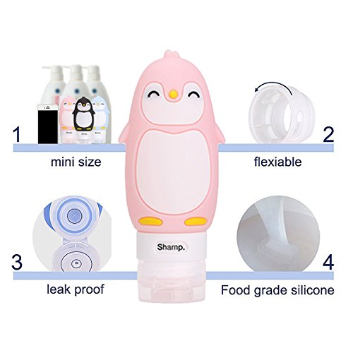 HoJoor Pingüino Lindo Botellas de Viaje de Silicona,FDA Certified 100% BPA Gratis Recipientes rellenables portátiles a Prueba de Fugas para, Acondicionador,Loción, artículos de tocador(4 Unidades)