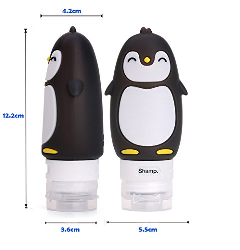 HoJoor Pingüino Lindo Botellas de Viaje de Silicona,FDA Certified 100% BPA Gratis Recipientes rellenables portátiles a Prueba de Fugas para, Acondicionador,Loción, artículos de tocador(4 Unidades)