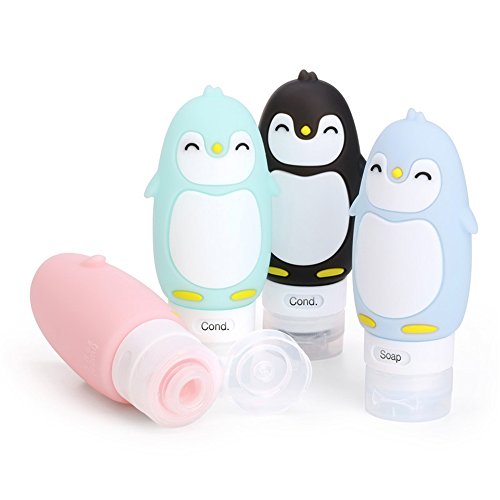 HoJoor Pingüino Lindo Botellas de Viaje de Silicona,FDA Certified 100% BPA Gratis Recipientes rellenables portátiles a Prueba de Fugas para, Acondicionador,Loción, artículos de tocador(4 Unidades)