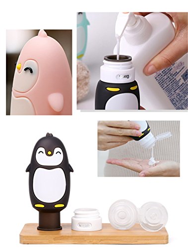 HoJoor Pingüino Lindo Botellas de Viaje de Silicona,FDA Certified 100% BPA Gratis Recipientes rellenables portátiles a Prueba de Fugas para, Acondicionador,Loción, artículos de tocador(4 Unidades)