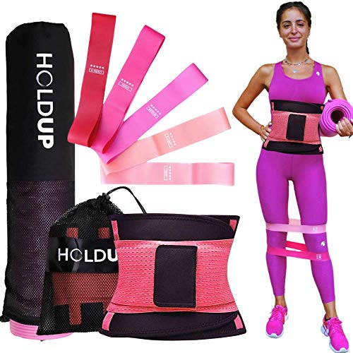 HoldUp Gomas de fitness con esterilla de fitness y banda adelgazante para mujer, quema de grasas, kit de herramientas para gimnasio, casa 3 en 1, adelgazante y tonificante piernas, glúteos y vientre