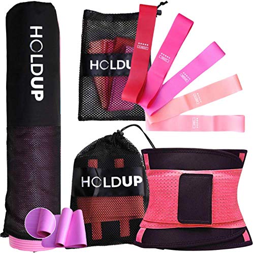 HoldUp Gomas de fitness con esterilla de fitness y banda adelgazante para mujer, quema de grasas, kit de herramientas para gimnasio, casa 3 en 1, adelgazante y tonificante piernas, glúteos y vientre