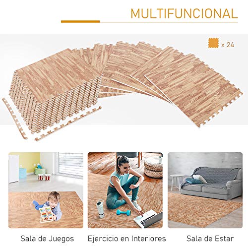 HOMCOM Alfombra Puzzle 24 Piezas Alfombrilla Puzzle Protectora de Suelo Suave para Niños o Gimnasio Fitness de Goma Espuma EVA 60x60x1 cm Marrón