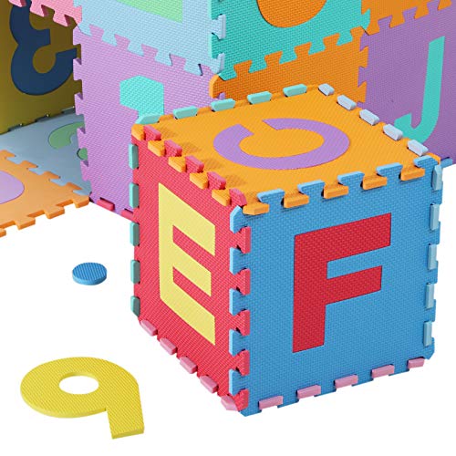 HOMCOM Alfombra Puzzle para Niños 31x31cm 36 Piezas Numeros 0 al 9 y 26 Letras Alfabeto Goma Espuma Alfombrilla de Juego para Bebe Infantil Área de Cobertura 3.13㎡