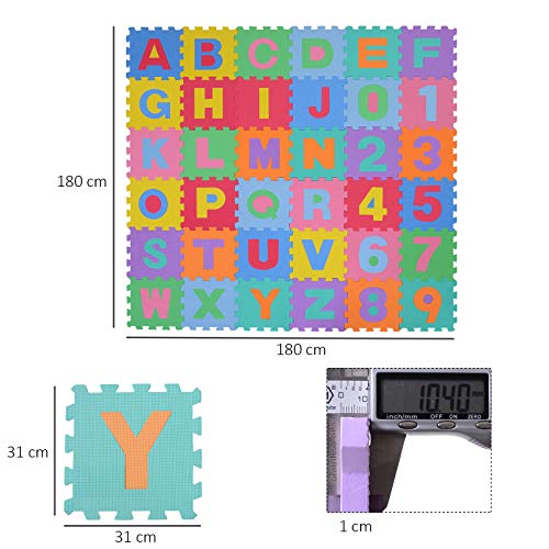 HOMCOM Alfombra Puzzle para Niños 31x31cm 36 Piezas Numeros 0 al 9 y 26 Letras Alfabeto Goma Espuma Alfombrilla de Juego para Bebe Infantil Área de Cobertura 3.13㎡