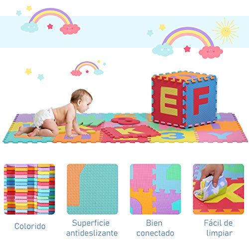 HOMCOM Alfombra Puzzle para Niños 31x31cm 36 Piezas Numeros 0 al 9 y 26 Letras Alfabeto Goma Espuma Alfombrilla de Juego para Bebe Infantil Área de Cobertura 3.13㎡