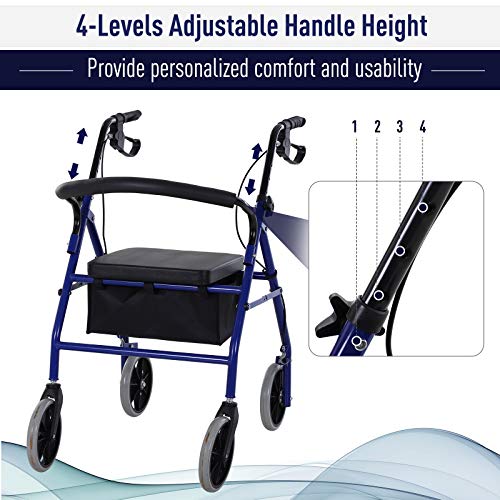 HOMCOM Andador para Adultos Plegable con Almacenaje Asiento y Frenos 77x55.5x84-93 cm Azul y Negro HOMCOM Andador para Adultos Plegable con Almacenaje Asiento y Frenos 77x55.5x84-93 cm Azul y Negro