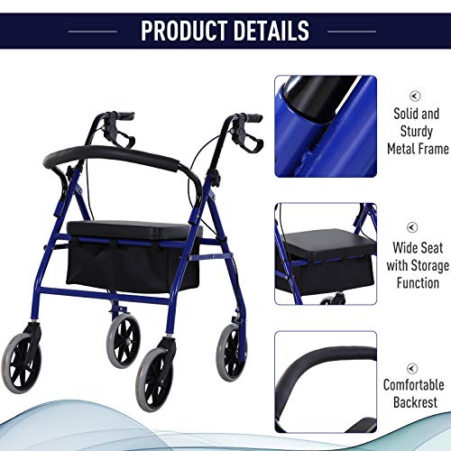 HOMCOM Andador para Adultos Plegable con Almacenaje Asiento y Frenos 77x55.5x84-93 cm Azul y Negro