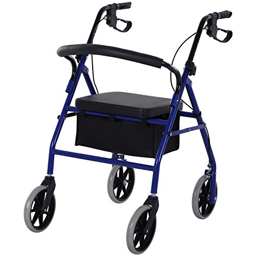 HOMCOM Andador para Adultos Plegable con Almacenaje Asiento y Frenos 77x55.5x84-93 cm Azul y Negro