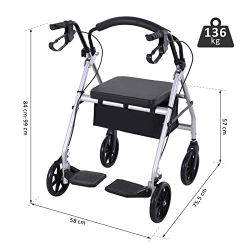 HOMCOM Andador para Adultos Plegable con Asiento Frenos Reposapiés y Bolsa de Almacenaje 75.5x58x84-99 cm Gris y Negro HOMCOM Andador para Adultos Plegable con Asiento Frenos Reposapiés y Bolsa de Almacenaje 75.5x58x84-99 cm Gris y Negro