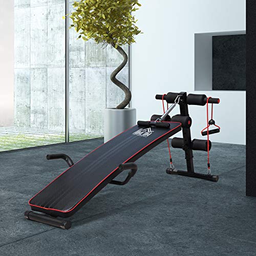 HOMCOM Banco de Abdominales Altura Ajustable Banco de Musculación Multifuncional para Fitness Entrenamiento de Espalda Abdominal Piernas Carga 120kg con 2 Cuerdas y 1 Tirador de Resorte