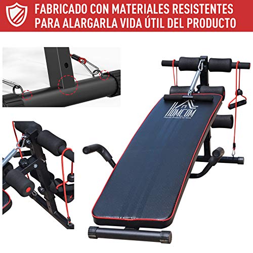 HOMCOM Banco de Abdominales Altura Ajustable Banco de Musculación Multifuncional para Fitness Entrenamiento de Espalda Abdominal Piernas Carga 120kg con 2 Cuerdas y 1 Tirador de Resorte