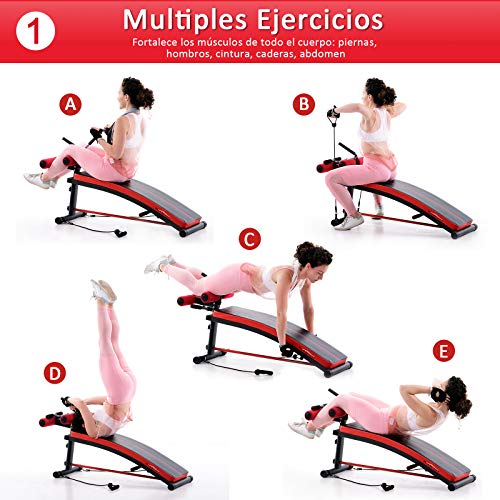 HOMCOM Banco de Musculación Banco Abdominal Pesas Estiramiento de Brazos Multifuncional para Fitness con 2 Cuerdas Expansor Acero