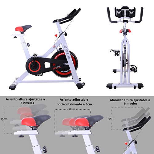 HOMCOM Bicicleta Estática Bicicleta de Fitness Pantalla LCD Asiento y Manillar Ajustable Resistencia Regulable Carga 120kg 107x48x100cm Acero Blanco