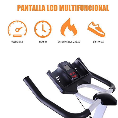 HOMCOM Bicicleta Estática Bicicleta de Fitness Pantalla LCD Asiento y Manillar Ajustable Resistencia Regulable Carga 120kg 107x48x100cm Acero Blanco