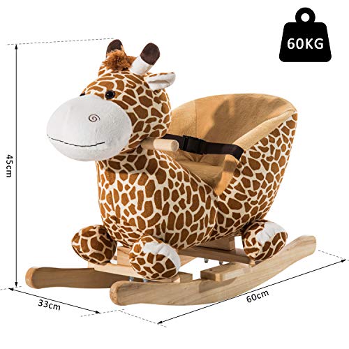 HOMCOM Caballito Balancín Bebé +18 Meses Balancín Peluche Madera con 32 Canciones Cinturón de Seguridad Girafa de Peluche 60x33x45cm