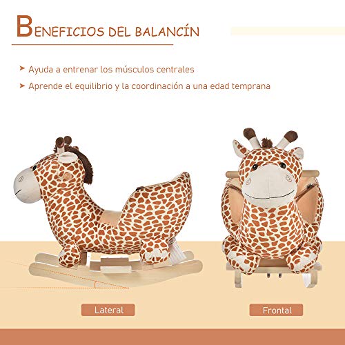 HOMCOM Caballito Balancín Bebé +18 Meses Balancín Peluche Madera con 32 Canciones Cinturón de Seguridad Girafa de Peluche 60x33x45cm