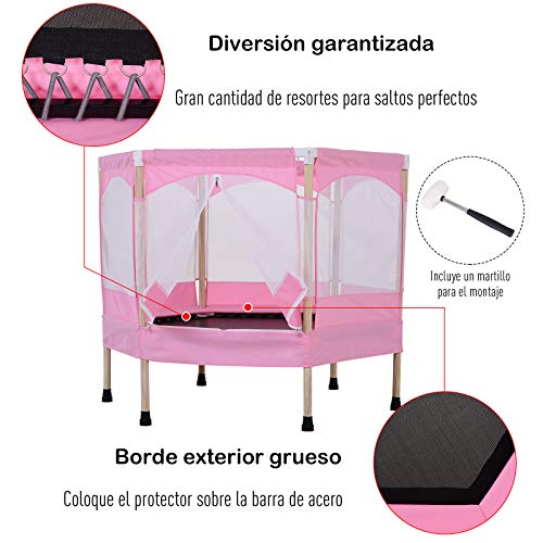 HOMCOM Cama Elástica para Niños Mayores de 3 Años Trampolín Infantil con Red de Seguridad para máximo 50kg 126x109x98cm Rosa