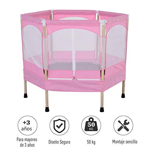 HOMCOM Cama Elástica para Niños Mayores de 3 Años Trampolín Infantil con Red de Seguridad para máximo 50kg 126x109x98cm Rosa