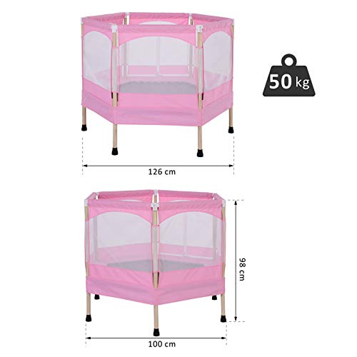 HOMCOM Cama Elástica para Niños Mayores de 3 Años Trampolín Infantil con Red de Seguridad para máximo 50kg 126x109x98cm Rosa