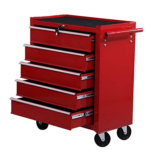 HOMCOM Carro Caja de Herramientas Taller movil con 5 cajones 4 Ruedas Chapa de Acero Rojo