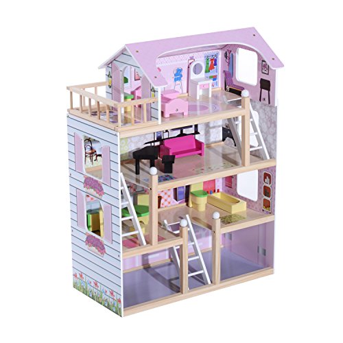 HOMCOM Casa de Muñecas con Muebles Mobiliario Casita Muñeca Jueguetes Madera con 13 Accesorios incluidos y 4 Niveles Color Rosa