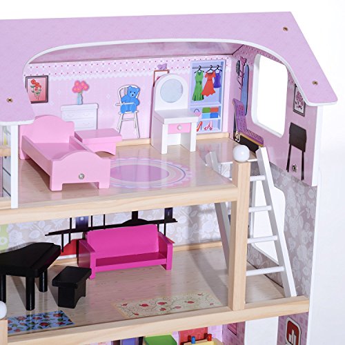 HOMCOM Casa de Muñecas con Muebles Mobiliario Casita Muñeca Jueguetes Madera con 13 Accesorios incluidos y 4 Niveles Color Rosa