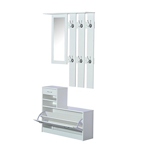 HOMCOM Conjunto de Muebles de Entrada Recibidor Pasillo Set de 3 Piezas Perchero Espejo Zapatero con Cajón 90x22x116cm Madera Blanco