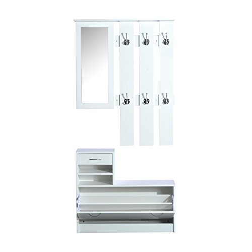 HOMCOM Conjunto de Muebles de Entrada Recibidor Pasillo Set de 3 Piezas Perchero Espejo Zapatero con Cajón 90x22x116cm Madera Blanco