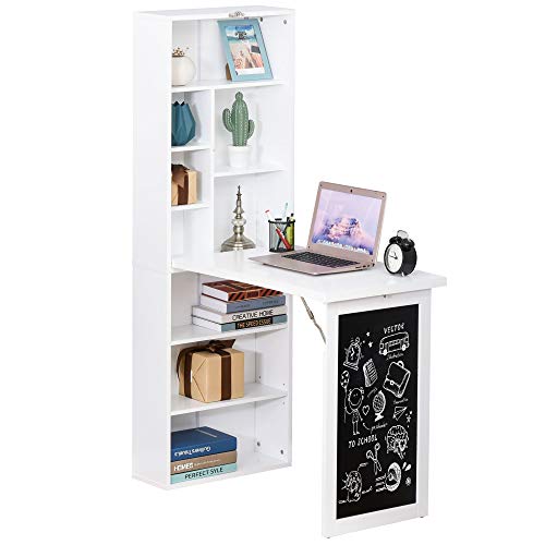 HOMCOM Escritorio Plegable con Estantería Mesa de Oficina con Pizarra y Múltiples Estantes Convertible con Baldas Ajustables 98x51x153 cm Blanco