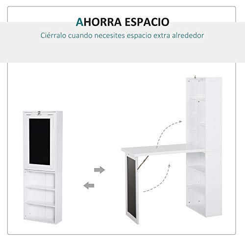 HOMCOM Escritorio Plegable con Estantería Mesa de Oficina con Pizarra y Múltiples Estantes Convertible con Baldas Ajustables 98x51x153 cm Blanco